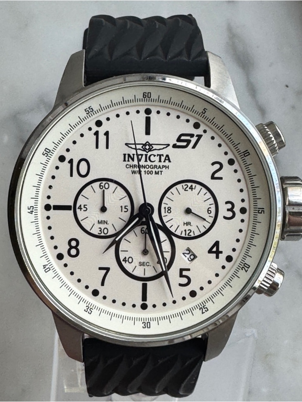 Invicta S1 Chronograph Date Watch - White Dial, Black Strap - New Battery